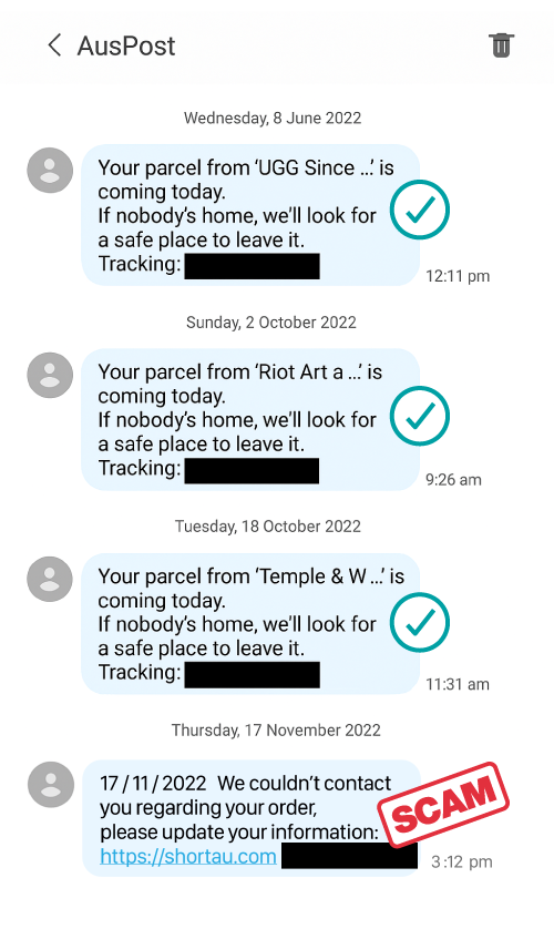 SMS Sender ID Register AusPost scam text example