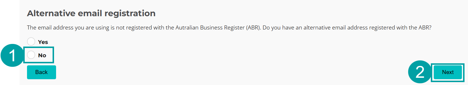 A screenshot of the alternate email registration popup. The email address field is numbered 3 and the next button is numbered 4.