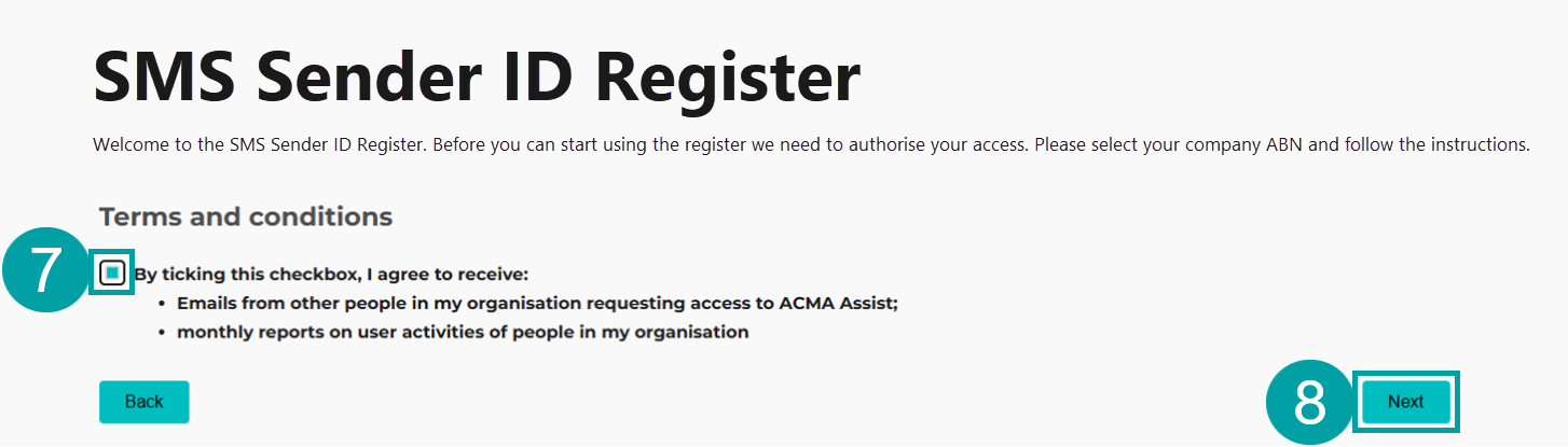 A screenshot of  the terms and conditions. The yes checkbox is numbered 7 and the next button is numbered 8.