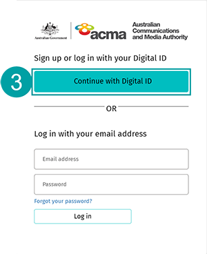 A screenshot of the ACMA Assist log in page with the continue to digital id button highlighted and numbered 3