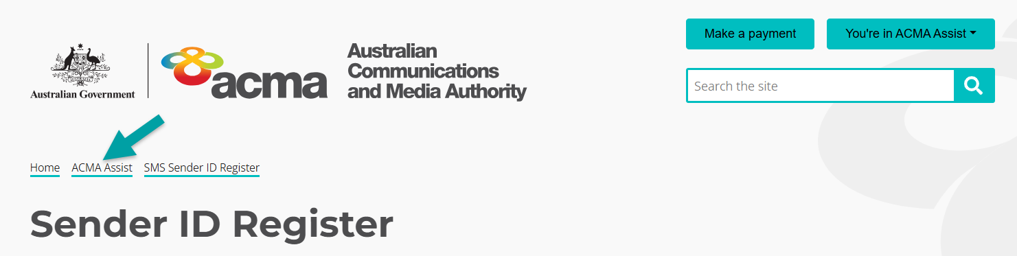 A screenshot of the SMS Sender ID Register with an arrow pointing to the ACMA Assist breadcrumb.