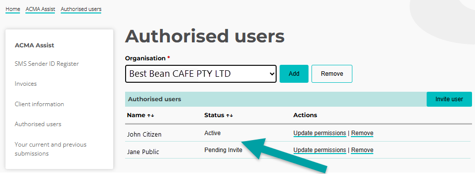 A screenshot of the authorised users screen with and arrow pointing to the status column. 