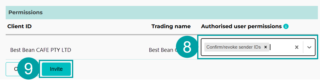 A screenshot of the permissions section with the user permissions numbered 8 and the invite button numbered 9. 