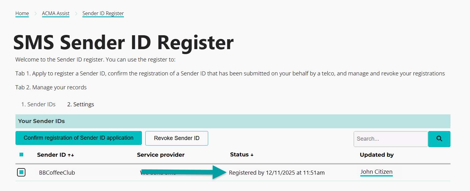 A screenshot of the sender ID register with an arrow pointing to the status 'registered by 12/11/2025 at 11:55am'