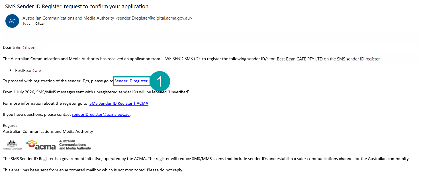 A screenshot of the request to confirm your application email. The Sender ID register link is numbered 1