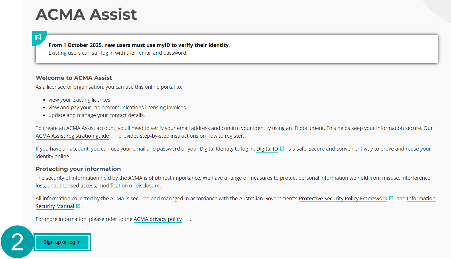 A screenshot of the ACMA Assist welcome page with the sign up or log in button highlighted and numbered 2