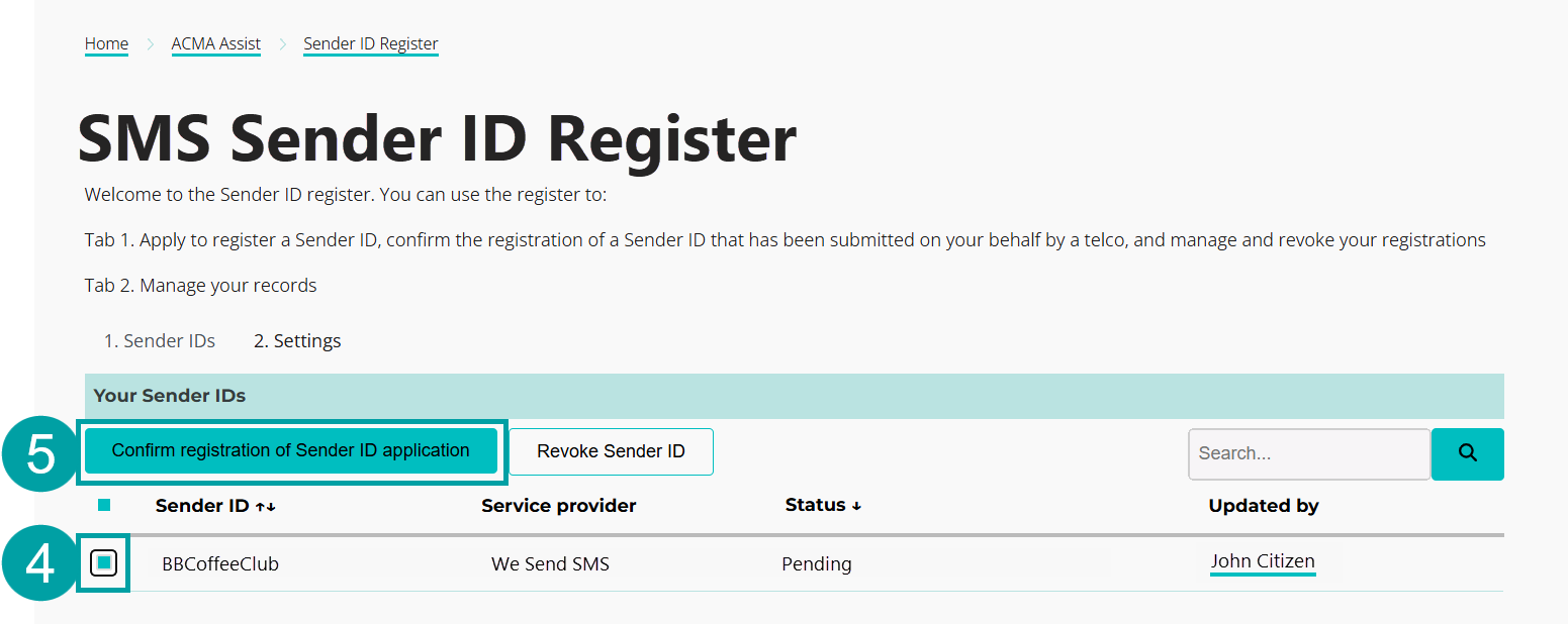 A screenshot of the sender ID tab. The checkbox next to the sender ID is numbered 4 and the confirm registration of sender ID application button is numbered 5.