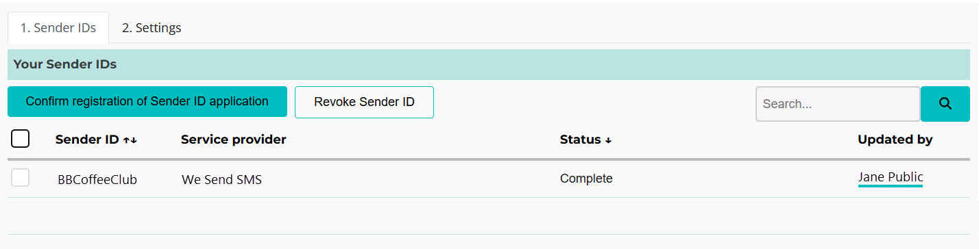 A screenshot of the sender ID register showing the 2 sender IDs checked in the last image removed.