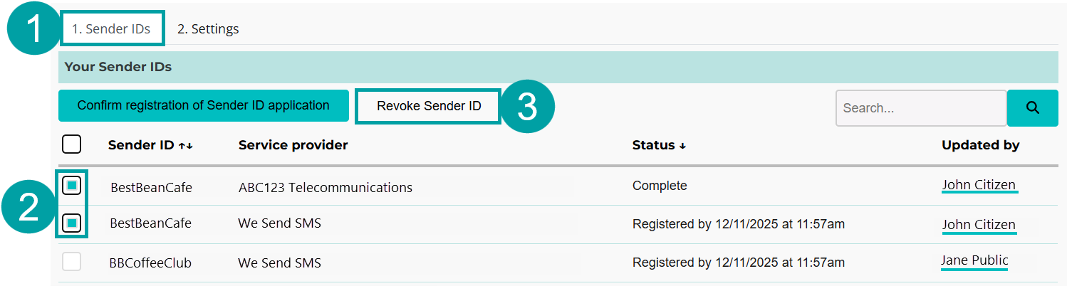 A screenshot of the sender ID tab. The tab is numbered 1, the check boxes next to the sender IDs are numbered 2 and the revoke sender ID button is numbered 3.