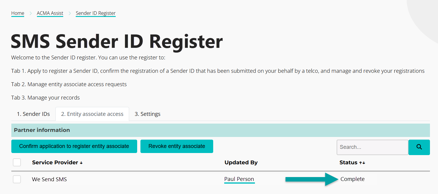 A screenshot of the entity associate tab with an arrow pointing to the status complete