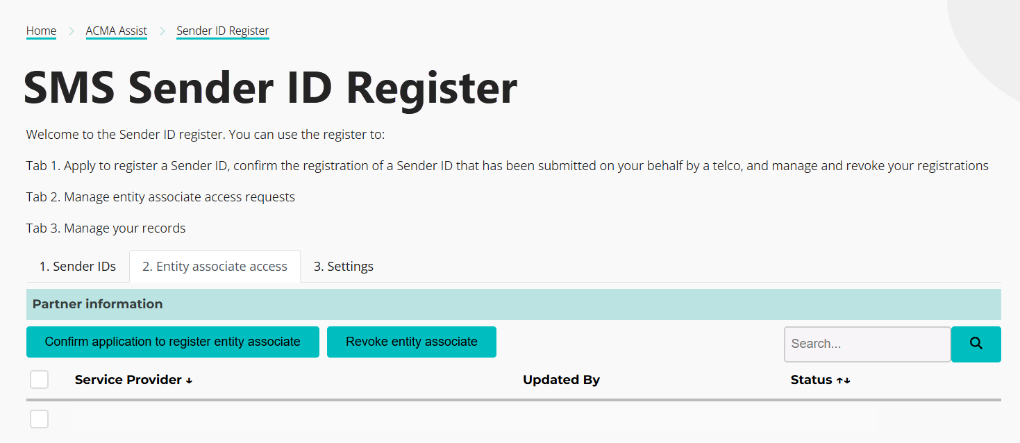 A screenshot of the entity associated tab showing the service provider checked in n the last image removed.