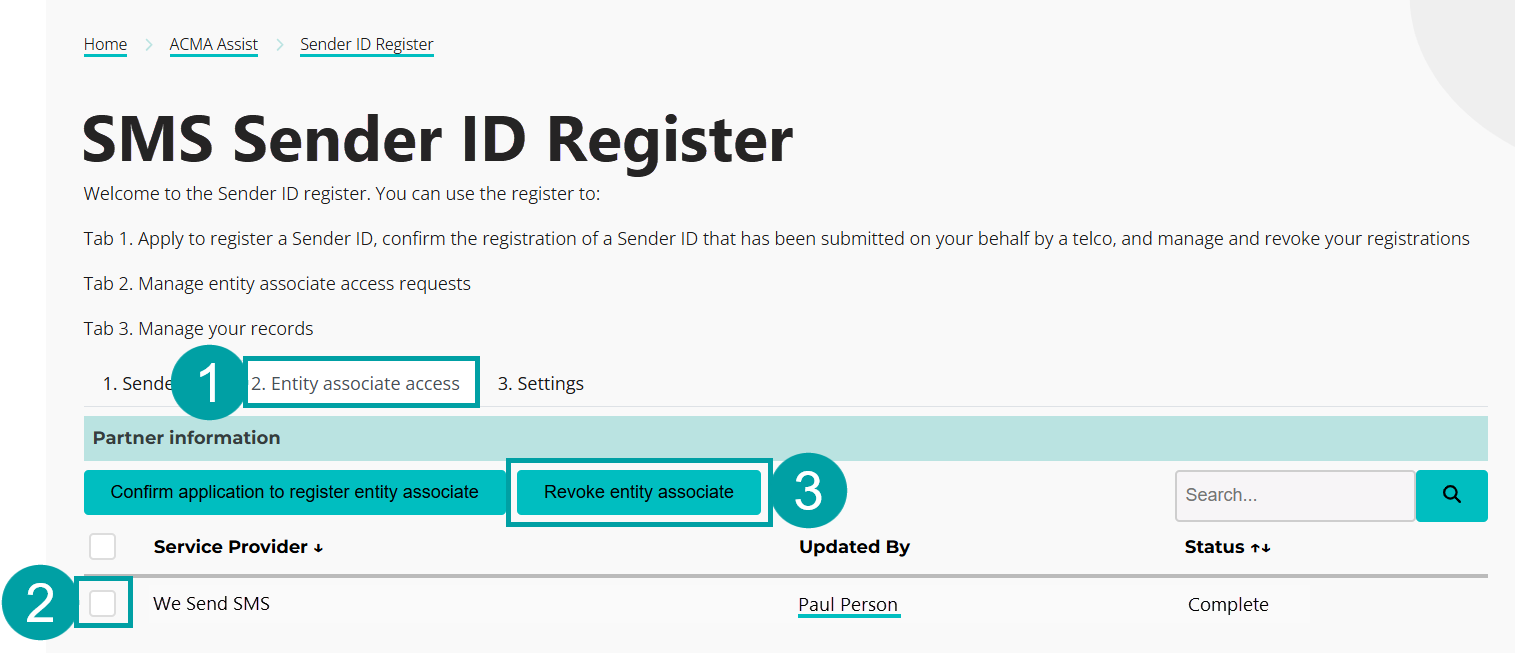 A screenshot of the entity associate tab. The tab us numbered 2, the checkbox next to the service provider is numbered 3 and the revoke entity associate button is numbered 4.