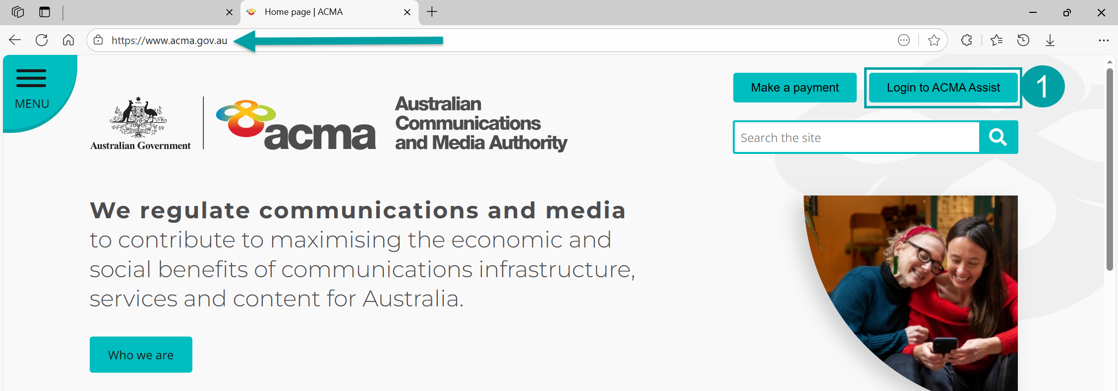 A screenshot of the acma homepage with and arrow pointing to the URL and the Log in to ACMA Assist button numbered 1
