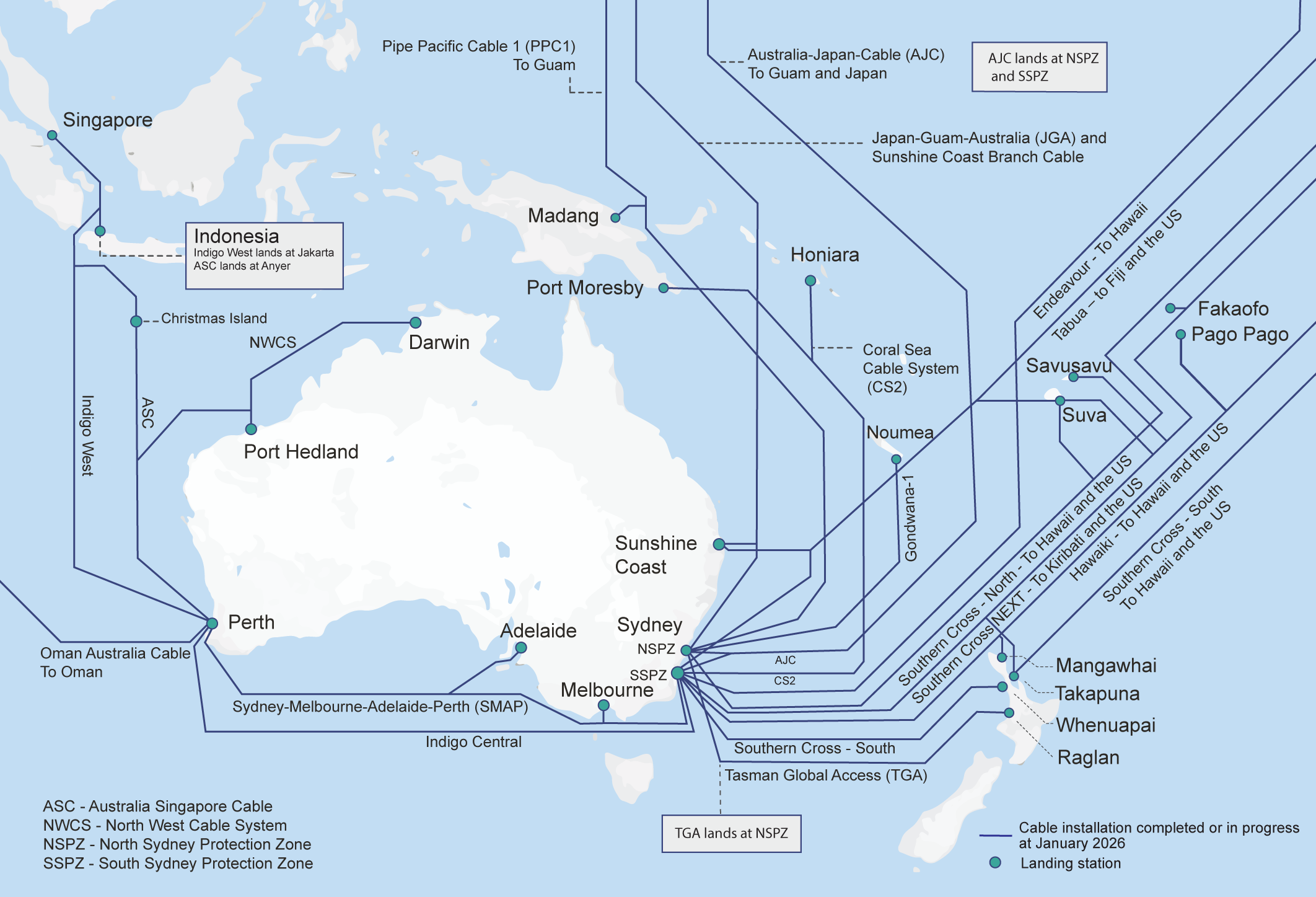 Map of submarine cables landing in Australia