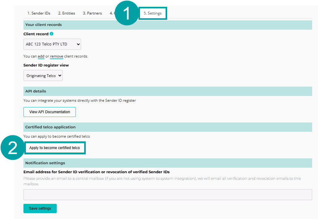 A screenshot of the SMS Sender ID Register with the settings tab highlighted and numbered 1 and the apply to become certified telco button highlighted and numbered 2.