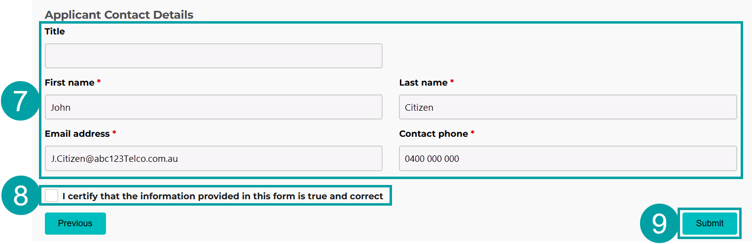 A screenshot of the applicant contact details section of the certified telco application form. The contact details fields are highlighted and numbered 7, the check box - I certify that the information provided in this form are true and correct is numbered 8 and the  and the submit button highlighted and numbered 9.