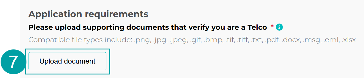 A screenshot showing the application requirements with the upload document button numbered 7.