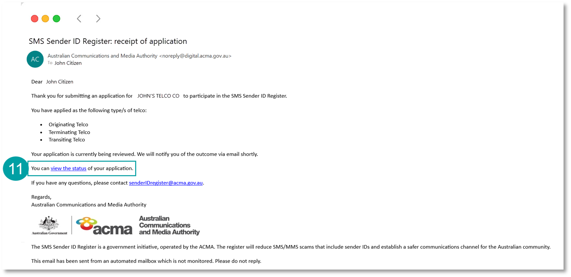 A screenshot of the SMS Sender ID receipt of application email with the link to view the status of the application numbered 11. 