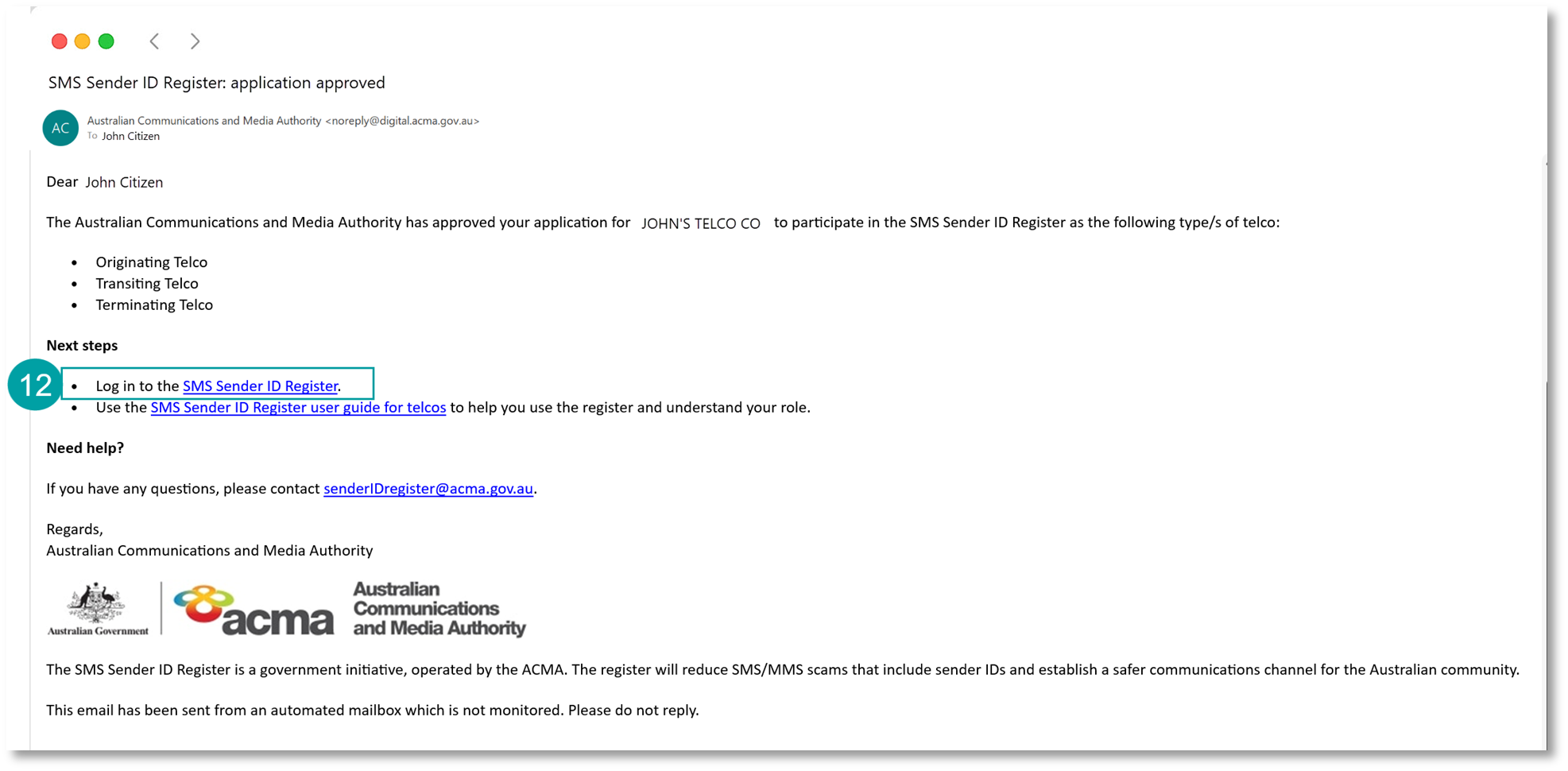 A screenshot of the SMS Sender ID Register: application approval email with the link to log on the register numbered 12.