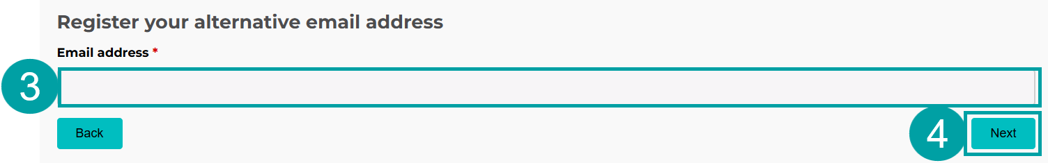 A screenshot showing the alternate email registration popup. The email address field is numbered 3 and the next button is numbered 4.
