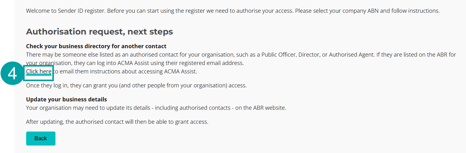 A screenshot showing the authorisation request, next steps. The Click here to email instructions link is numbered 4.