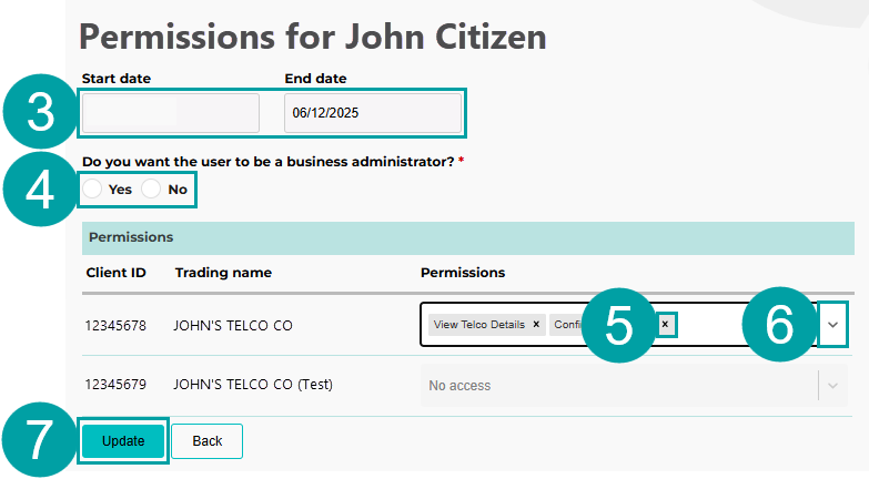 A screenshot of the permissions screen with the start and end date numbered 3, the do you want the user to be a business administrator checkboxes are numbered 4, the delete permission x is numbered 5, the permissions drop down is numbered 6 and the update button is numbered 7.   