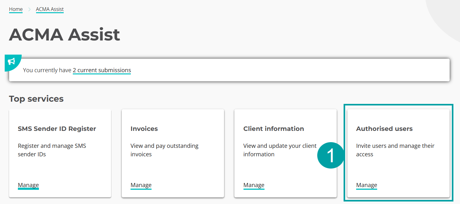 A screenshot of the ACMA Assist screen with the SMS Sender ID Regis tile numbered 1.