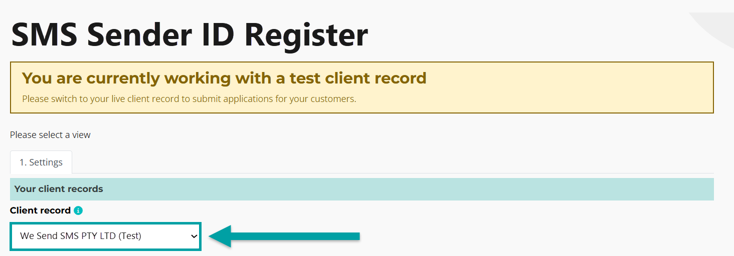 A screenshot of the settings tab with an arrow pointing to the client record drop down with a test record selected. 