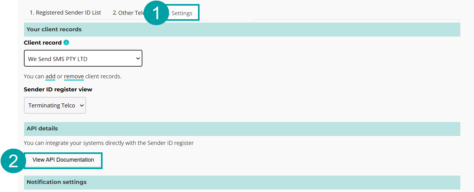 A screenshot showing the SMS Sender ID Register. The 3. Settings tab is numbered 1, the client record is umbered 2 and the SMS Sender ID Register view drop down is numbered 3.