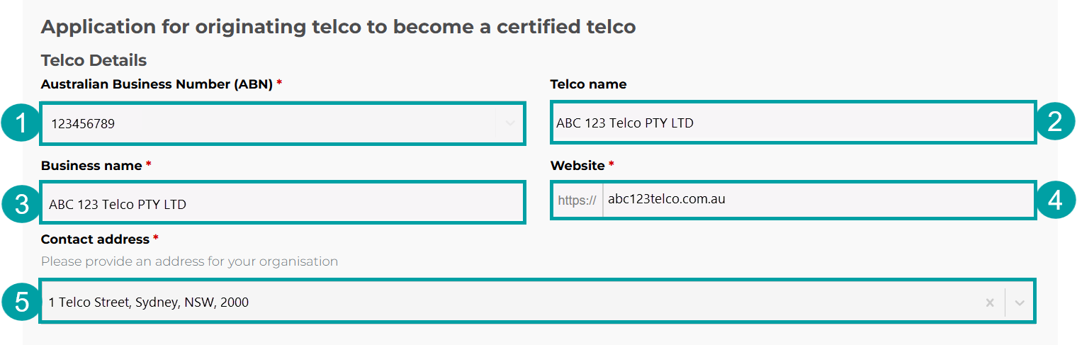 A screenshot of the telco details section of the application for originating telco to become certified telco form. The ABN field is numbered 1, telco name field numbered 2, the business name field is numbered 3, the website field is numbered 4 and the contact address field is numbered 5.