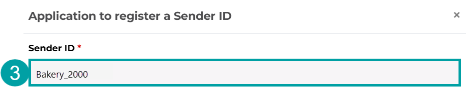 A screenshot of the application to register a sender ID form with the Sender ID field numbered 3.
