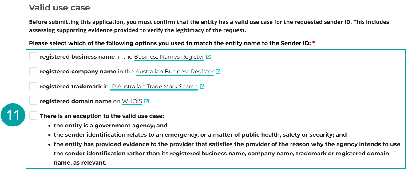 A screenshot of the valid use case section of the form with the valid use checkboxes numbered 11. 