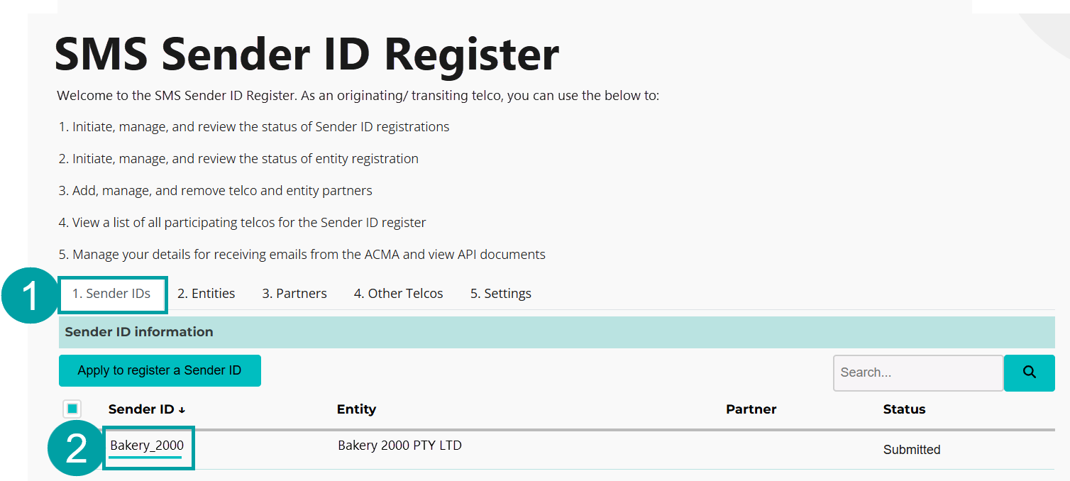 A screenshot of a computer showing the SMS Sender ID Register. The 1. Sender ID tab is numbered 1, and the sender ID is numbered 2.