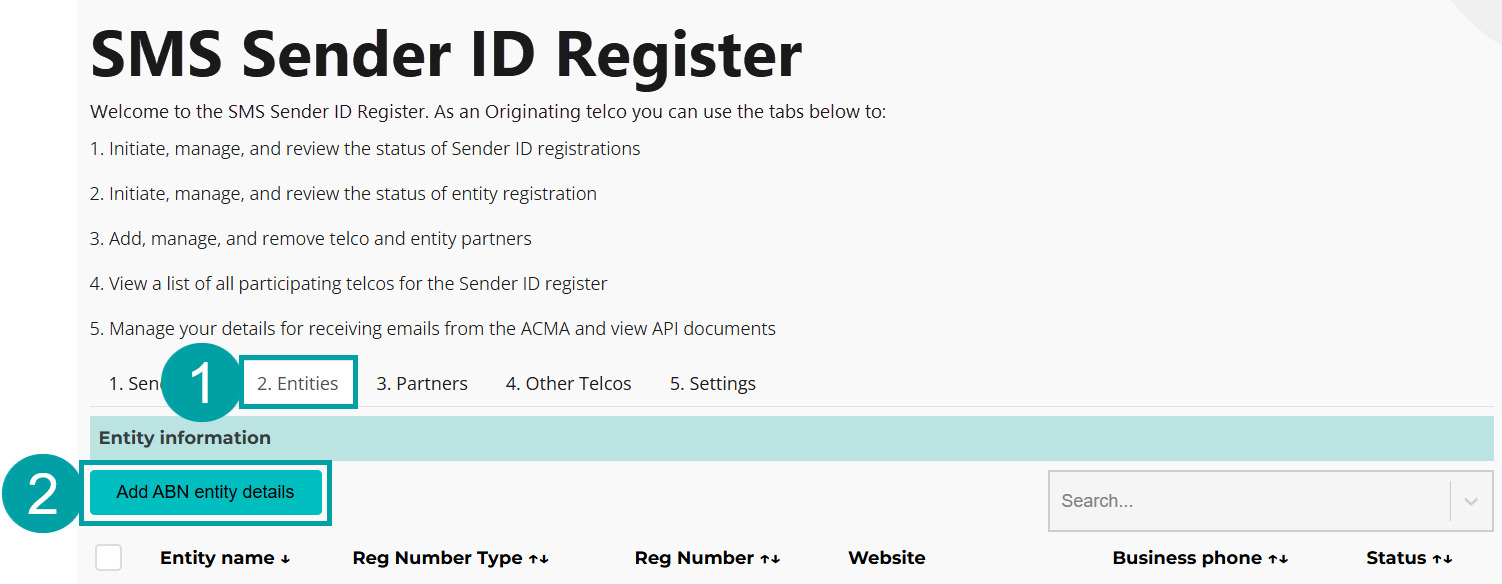 A screenshot of a computer showing the SMS Sender ID Register. The 2. Entities tab is numbered 1, and the add ABN entity details button is numbered 2.