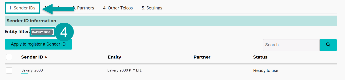A screenshot of a computer showing the SMS Sender ID Register. There is an arrow pointing to the Sender IDs and the entity filter is numbered 4.