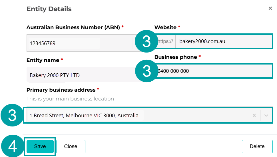 A screenshot of a computer showing the entity details popup. The website, business phone and primary business address fields are all  numbered 3 and the save button is numbered 4.
