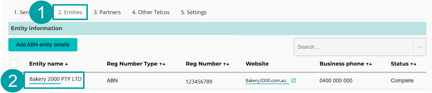 A screenshot of a computer showing the SMS Sender ID Register. The 2. Entities tab is numbered 1, and the entity name is numbered 2.