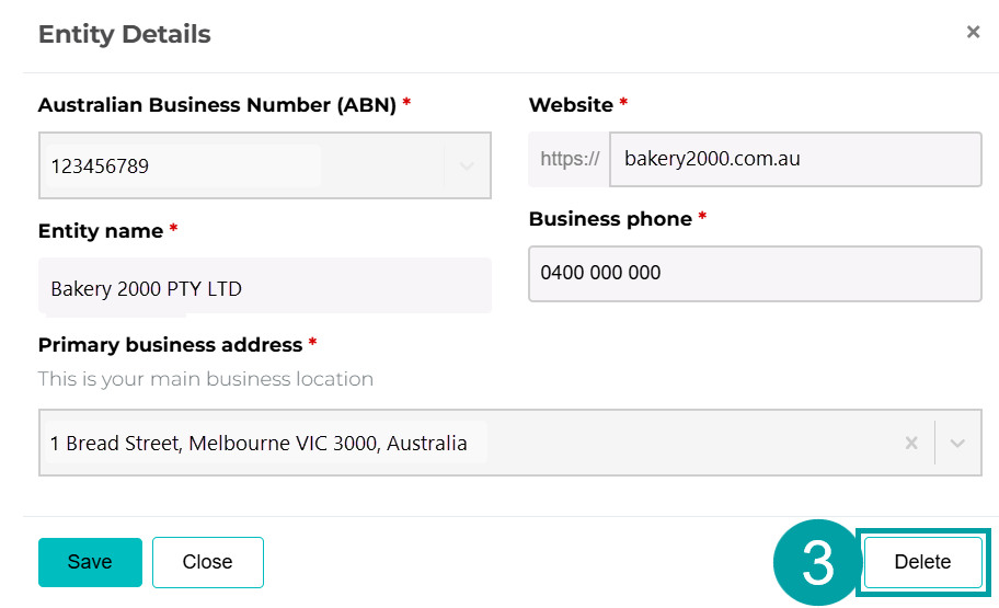 A screenshot of a computer showing the entity details popup. The delete button is numbered 3.