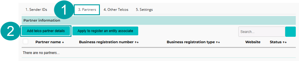 A screenshot of the partners tab with the tab numbered 1 and the add telco partner details button numbered 2.