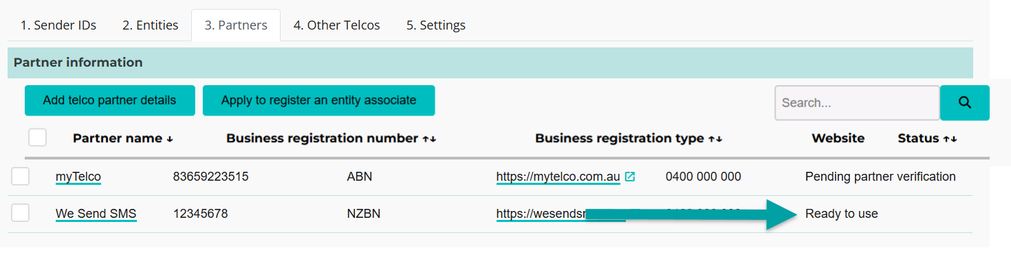 A screenshot of the partners tab with an arrow pointing to the status, ready to use.