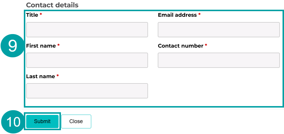 A screenshot showing the contact details section of the application to register an entity associate form. The details fields are numbered 9 and the submit button is numbered 10.