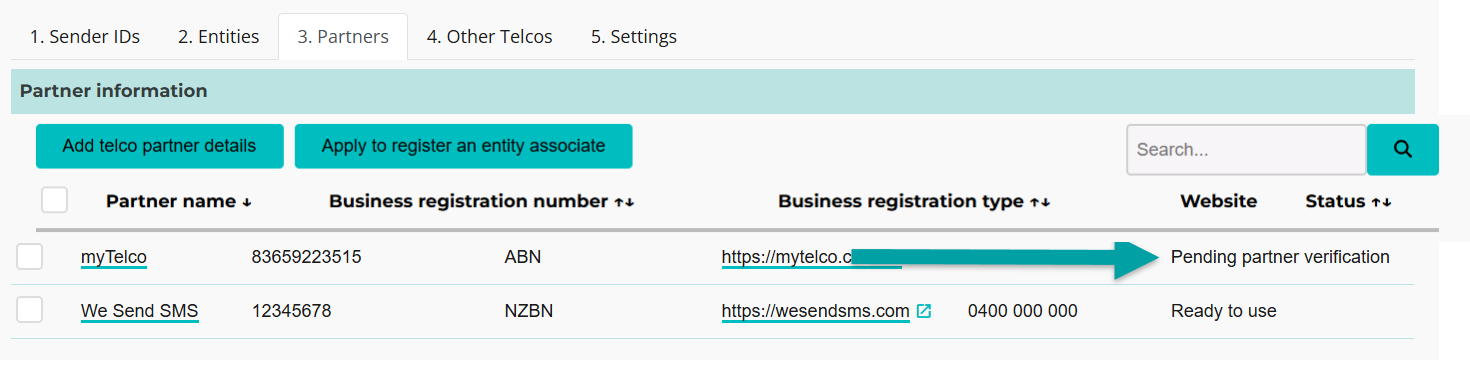 A screenshot of the partners tab with an arrow pointing to the pending partner verification status. 