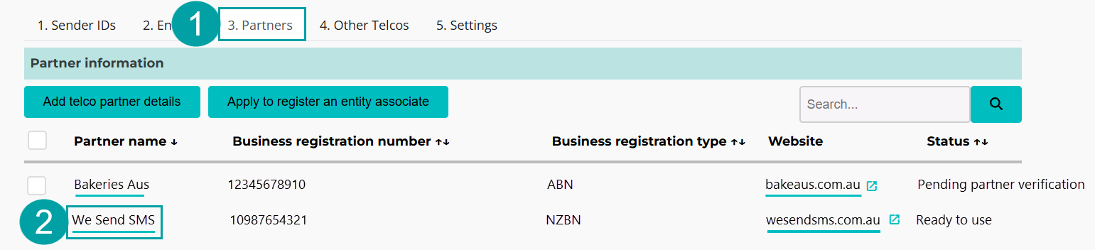 A screenshot showing the partners tab. The tab name is numbered one and the partner name, we send SMS is numbered 2