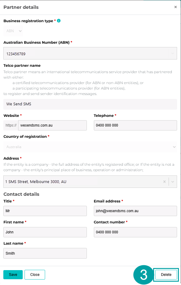 A screenshot of the partner details pop up. The delete button is numbered 3.