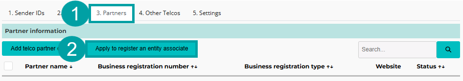 A screenshot of the SMS Sender ID Register with the partners tab highlighted and numbered 1 and the apply to register an entity associate button highlighted and numbered 2.