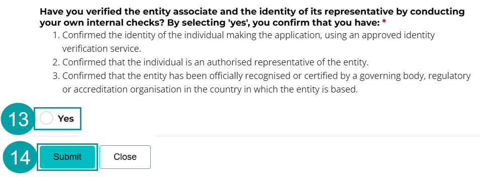 A screenshot of the internal checks question with the yes checkbox numbered 13 and the submit button numbered 14.