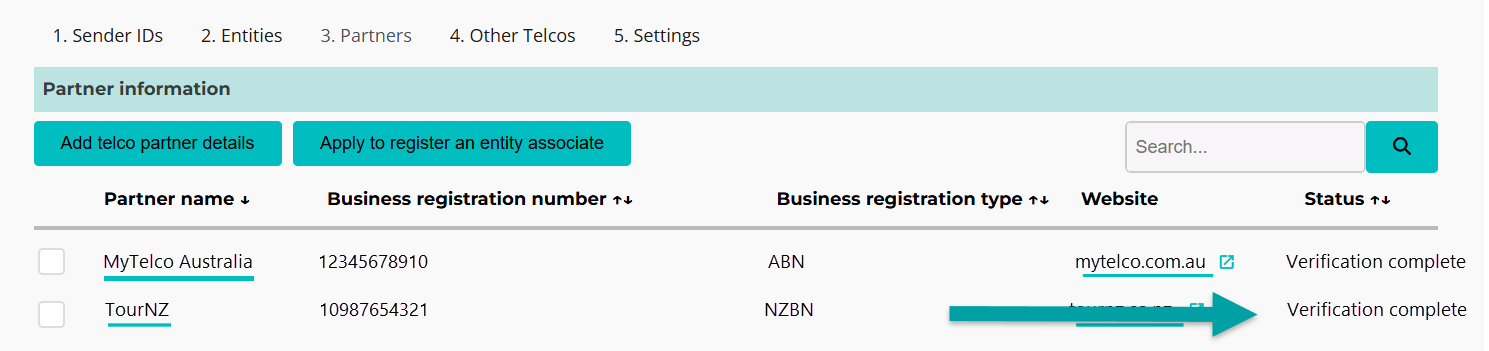 A screenshot of the partners tab  with an arrow pointing to the status 'verification complete'