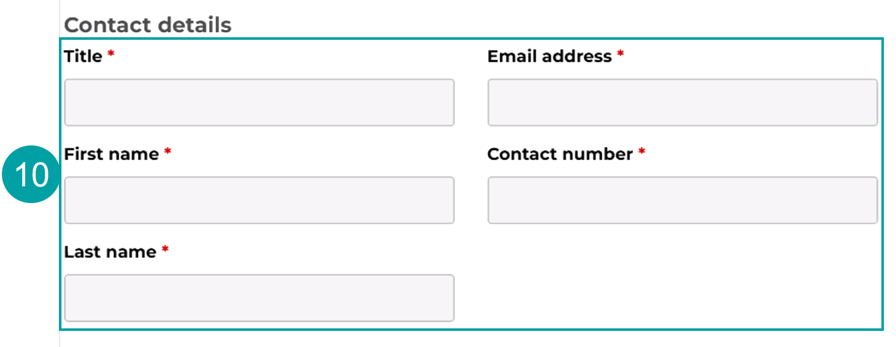 A screenshot of the contact details form with the details fields numbered 10.