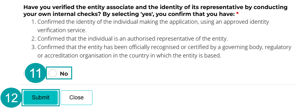 A screenshot of the internal checks question with the no checkbox numbered 11 and the submit button numbered 12.