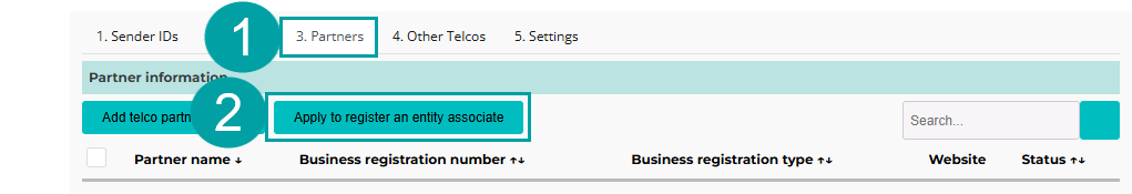 A screenshot of the SMS Sender ID Register with the partners tab highlighted and numbered 1 and the apply to register an entity associate button highlighted and numbered 2.